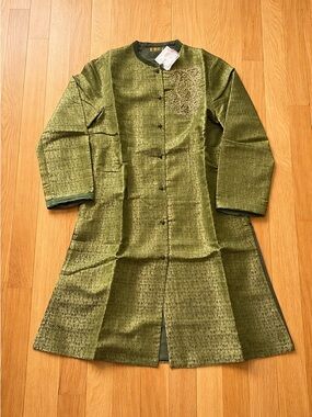 Olive Green Embroidered Long Trench Coat for Women